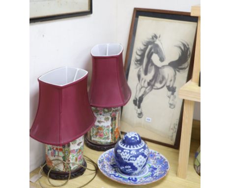 A pair of Chinese famille rose table lamps, 35cm high to lamp fitting, a blue and white jar and cover, a dish and a horse pri