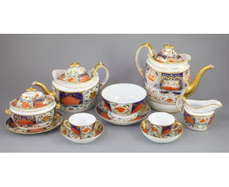 A Herculaneum porcelain Imari pattern 8080 part tea and coffee set, c.1812-15, including teapot, cover and stand, 18cm high, 