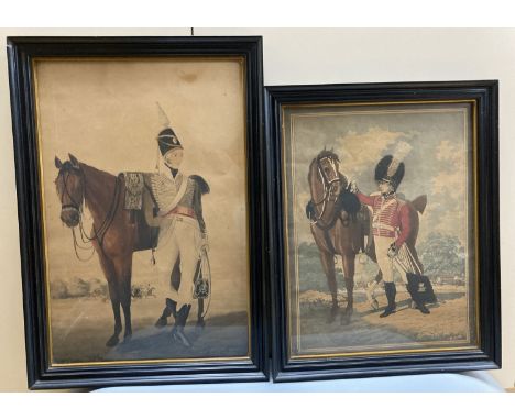English School c.1800, watercolour, Portrait of a Hussar standing beside his horse, with George III cypher on the saddle, 41 
