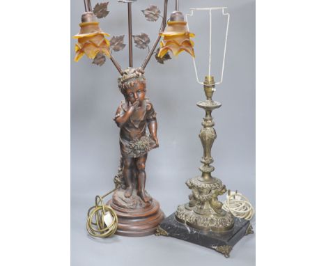 A bronzed resin three-branch table lamp and one other lamp, tallest overall 82cm