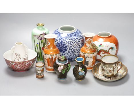 A group of Chinese and Japanese ceramics and three cloisonne enamel vases