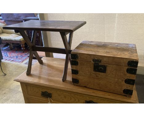 A rectangular oak X frame occasional table, width 61cm, depth 39cm, height 49cm together with a small Victorian iron bound pi