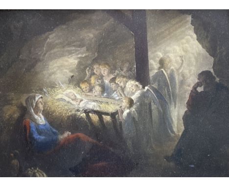 A Victorian hand coloured lithograph of The Adoration, housed in an ornate gilt gesso frame, 18 x 23.5cm, overall 37 x 43cm