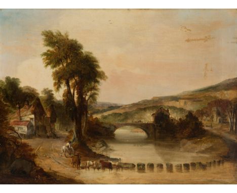 Dutch school, late 18th century, early 19th century."Landscape.Oil on canvas.Re-drawn in the 19th century. Frame from the 19t