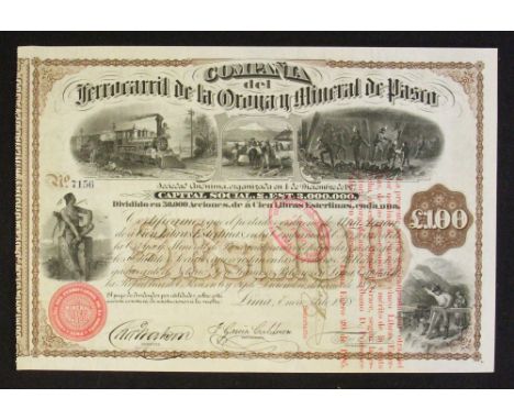 Bearer Bond - Compania Nacional Del Forrocarril Mineral De Pasco - 6% Loan. Bearer Bond for £100 Sterling. Lima 1872. Two Vig