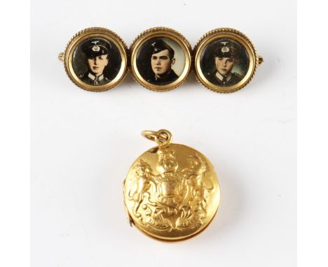 German Brooch with Pin depicting three German brothers in the Wehrmacht and Luftwaffe, all assembled along a pin back togethe
