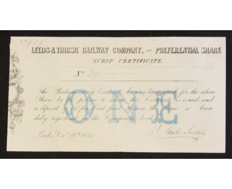 Leeds & Thirsk Railway Company Bearer Certificate 1846 - (The Leeds & Thirsk Railway opened from Leeds to Thirsk on 9 July 18