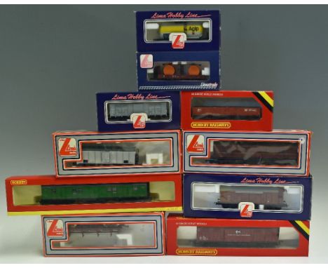 OO Gauge Mixed Railway Rolling Stock includes Hornby R738 Ferry Van, R4057A Luggage Van, R235 Open Wagon, plus Lima L303120, 