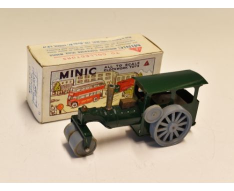 Triang Minic Tinplate Steam Roller in green with grey wheels, in original box, having Steam Roller overstamp to ends.