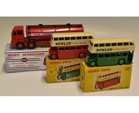 Dinky Toys 290 Double Decker Bus Red and Green Models - both with cream upper deck and Dunlop Decals, come with boxes (tape m