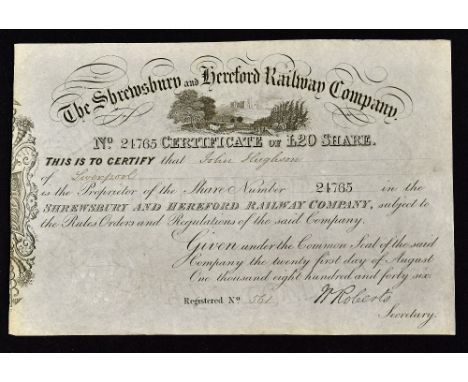 The Shrewsbury And Hereford Railway Company Certificate for One £20 Share (A 50mile line opened in 1853). 1846. Has fine vign