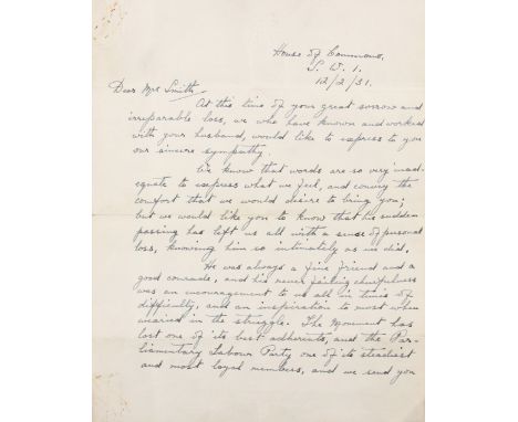 Political Autographs - 1931 House of Commons Headed Notepaper Signed Letter of Condolence - a two page letter with hand signe