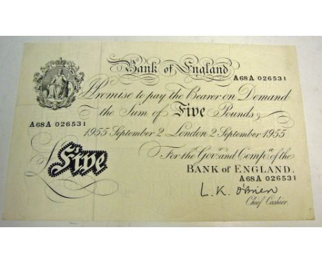 1955 Bank of England White £5 Banknote prefix no A68A026531, O'Brien, with light creases 