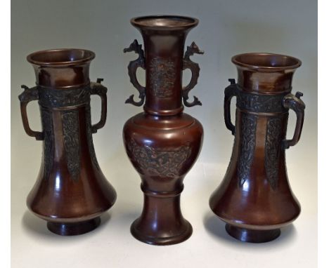 3x Japanese Bronze Vases no makers mark apparent, 2x measure 30cm in height the other 35cm in height approx.