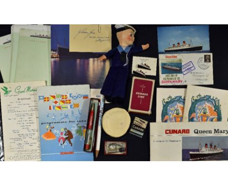 Cunard Line - Queen Mary Souvenirs and Ephemera to include 2x Enamel pin badges, a small soft doll of a sailor, signature of 