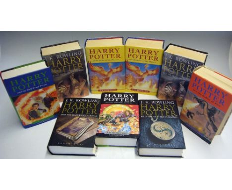 Selection of First Edition Harry Potter Books to include order of the Phoenix, the Half-Blood Prince, Goblet of Fire, Deadly 