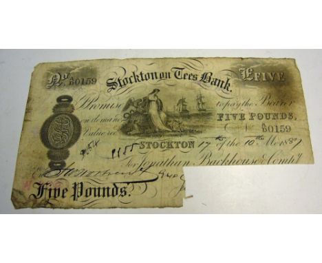 1887 Stockton on Tees Bank White £5 Banknote cancelled cut, prefix no AD0159 17th October with light creases
