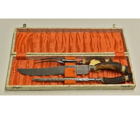 Stag Horn Carving Set include knife fork and sharpening steel, marked Warwick by Warriss, Sheffield England Stainless, comes 