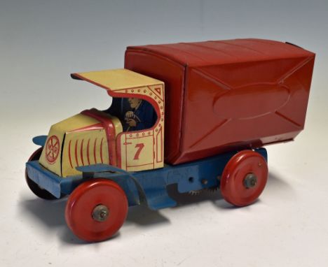 Marx Toys Tinplate Clockwork Van made in England in blue white and red with No 7 details to doors, with driver, appears in go