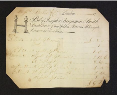Very Early Printed Bill - Bought of Joseph & Benjamin Smith Distillers At Ye Two Golden Pots In Aldersgate Street Near To Bar