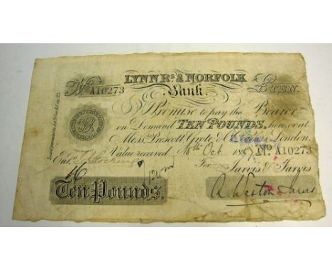 1887 Lynn Regis and Norfolk White £10 Banknote prefix no A10273, 18th October, for Jarvis & Jarvis, with light creases