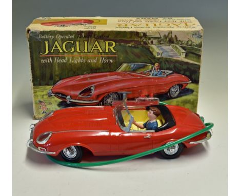 Marx Toys Battery Operated Jaguar with remote control, in red, having head lights and horn, comes with original box and appea