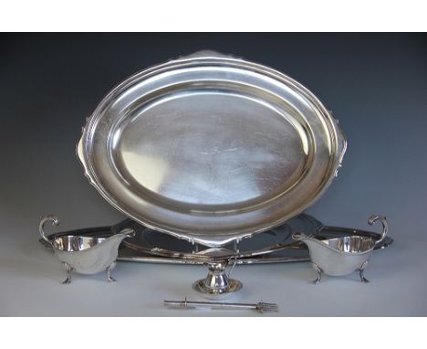 A collection of silver plated wares, to include; three Mappin and Webb, Mappin Plate serving dishes, a pair of sauce boats ra