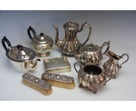 A selection of silver and plated wares, to include; a silver cigarette box (at fault) a pair of silver backed dressing table 