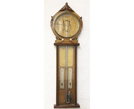 A Victorian golden oak Admiral Fitzroy Royal Polytechnic barometer by Joseph Davis & Co, with circular dial above a rectangul