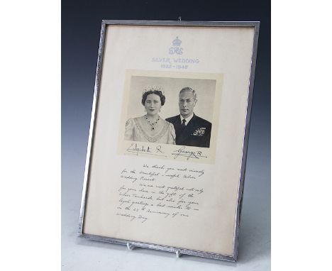 A George VI and Elizabeth R Silver Wedding (1923-1948) facsimile thank you letter, depicting a photograph, facsimile signatur