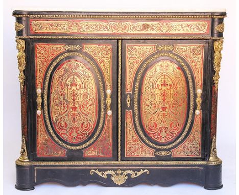 A 19th century Boulle work cabinet, with later white marble top and two oval panelled doors, on serpentine base with rounded 