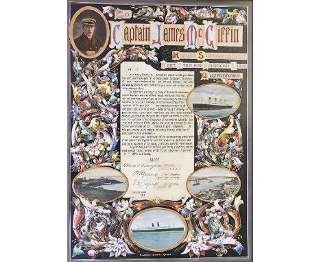 Titanic memorabilia: A White Star Lines and American Lines presentation panel to Captain James McGiffin, Marine Superintenden
