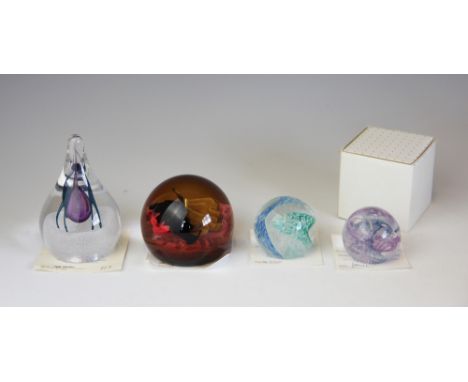 Four Caithness Glass paperweights, to include; Sanctuary No 107 and Autumn No 29/150, both designed by Sarah Peterson along w