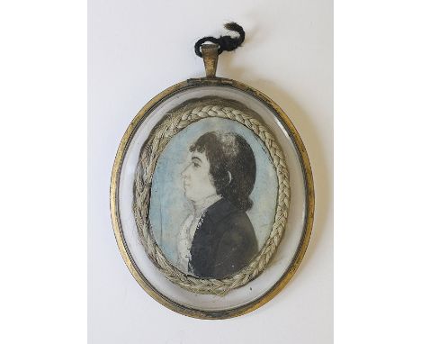 An early 19th century miniature on ivory portrait of a gent, the reverse with watercolour on ivory memorial plaque initialled