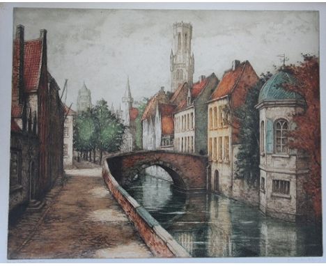 Belgian School (20th century)Hand coloured etching A Bruges canal with the Belfry towerNumbered in pencil 39/150 and signed b