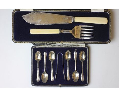 A pair of silver fish servers, John Round, Sheffield 1919, with ivory handles, with a set of silver tea spoons and sugar tong