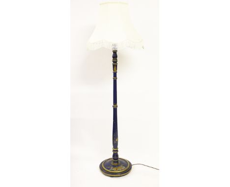 A chinoiserie decorated standard lamp, decorated with birds, flowers and two garden scenes on a circular base, 150cm - sold a