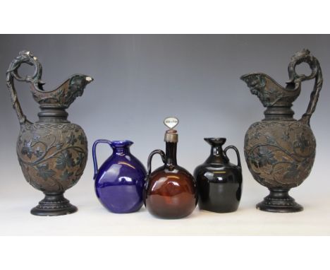 Pair of ceramic black glazed ewers, three glass jugs, a Coalport Revelry pattern part tea service, Coalport Cairo pattern tea