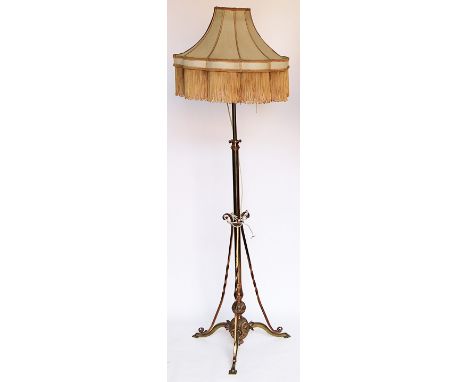 A late Victorian brass and copper adjustable oil standard lamp, converted for electricity,  169cm H, - (sold as a decorative 
