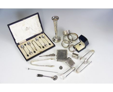 A selection of silver to include a posy vase, Birmingham 1974, 17cm high, a cased set of six silver coffee bean knop teaspoon