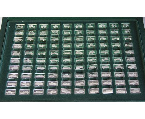 A collection of silver miniature plaques of 'The 100 greatest cars silver miniature collection' by John Pinches Ltd, together