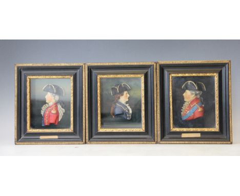 Three wax portrait busts in box frames, possibly American, comprising: General Wolfe, John Paul Jones and The Duke of Bidgewa