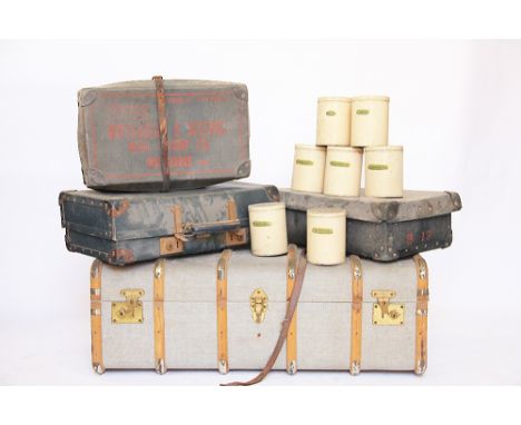 A bentwood steamer trunk, 91cm long, with two laundry boxes, a smaller case and seven Farex storage jars and covers (Qty) 