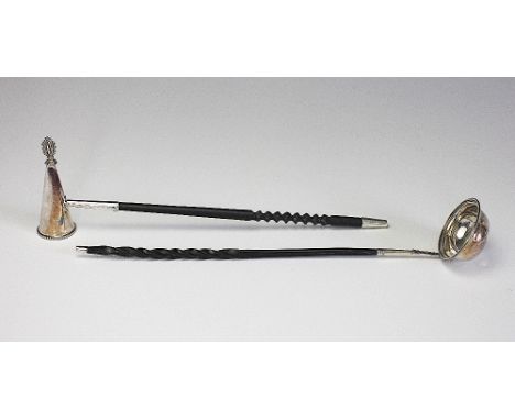 A George III silver toddy ladle, London 1791, with twisted baleen handle, 33cm long and a George III style silver candle snuf