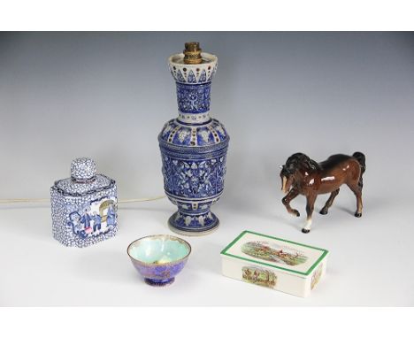 A Wedgwood dragon lustre bowl, Z4829, decorated with a figure on a camel, 10cm diameter, with a Copeland Spode hunting scene 