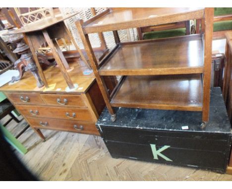 A painted blanket chest, an oak trolley, an occasional table, an inlaid mahogany dressing table and two folding card tables
