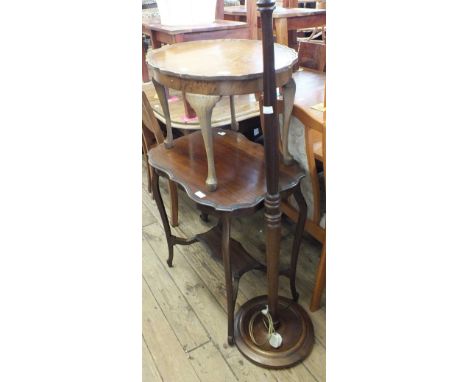 An Edwardian mahogany shaped top table, a coffee table and standard lamp