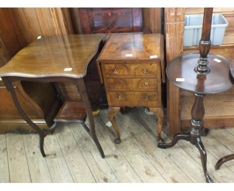 An Edwardian mahogany shaped top occasional table, a walnut two flap bedside chest and a mahogany standard lamp with under sh