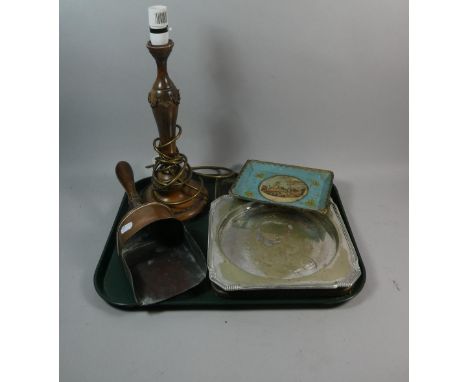 A 19th Century Copper Scoop, Wooden Table Lamp, Silver Plated Tray etc 