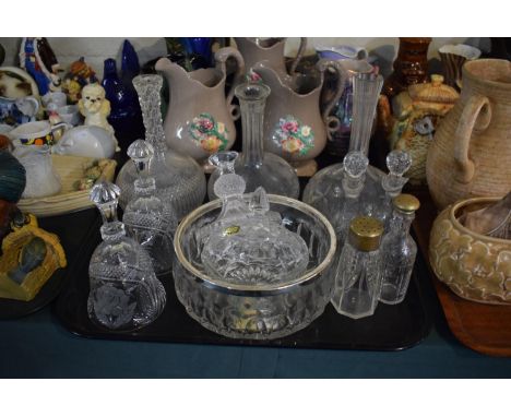 A Tray of Glassware to Include Decanters, Candle Stick, Bells, Scent Bottles and Dressing Table Pots etc 